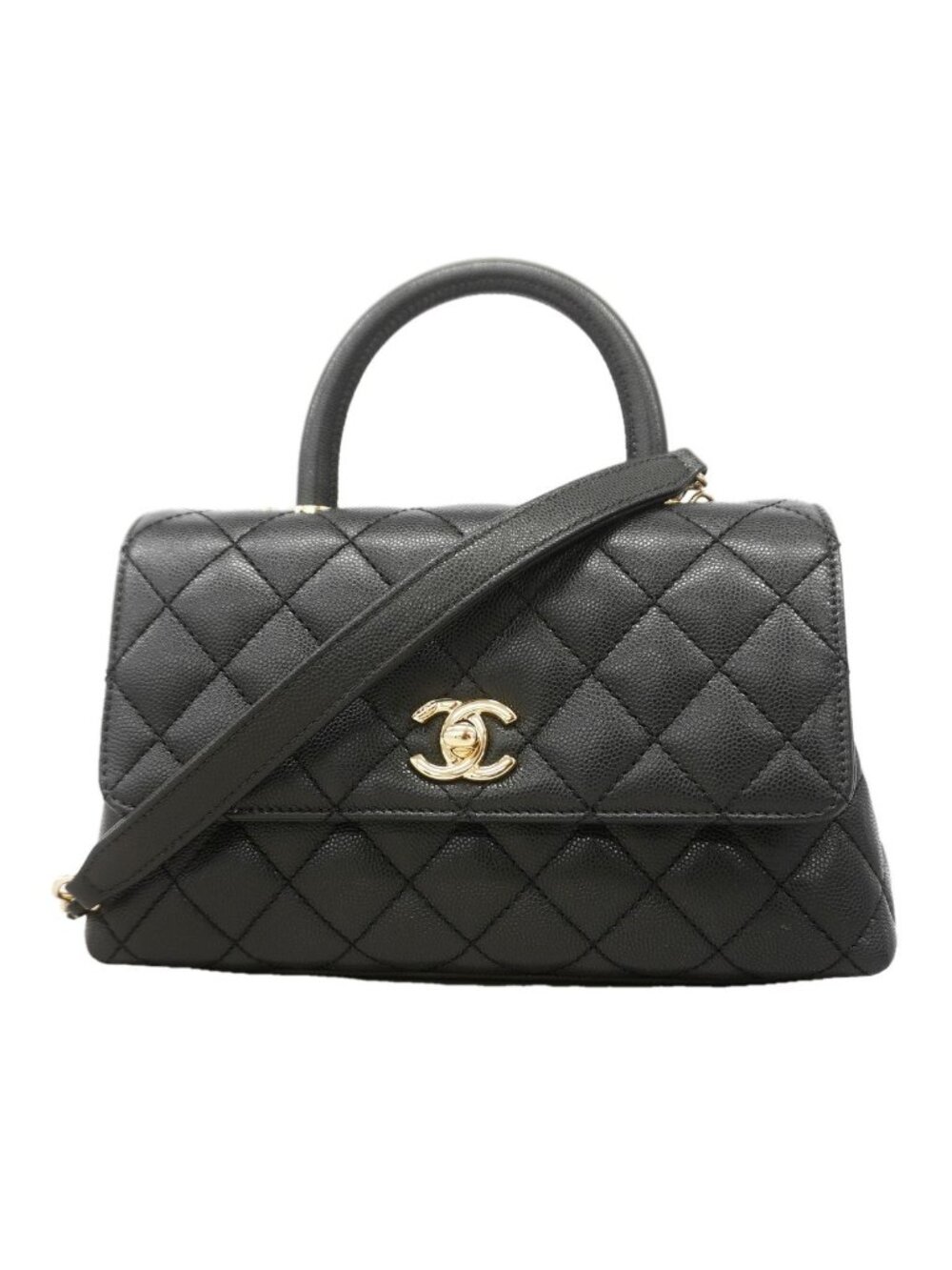Chanel Handbag Quilted Coco Handle Caviar Leather Black Champagne Gold 2-Way Bag